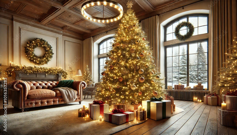 クリスマスツリーとプレゼントのあるリビングルーム クリスマスツリーとプレゼントのあるリビングルーム