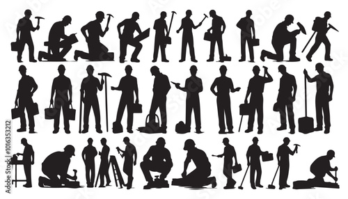 Set of silhouettes of labor workers silhouettes vector illustration black and white art