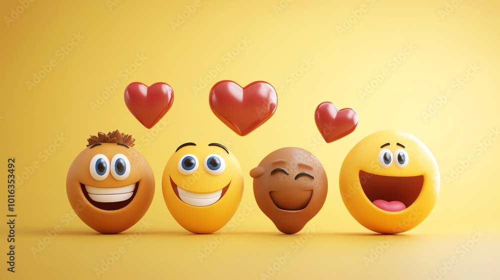 Four 3D emojis with happy faces and red hearts above them. Four 3D emojis with happy faces and red hearts above them.