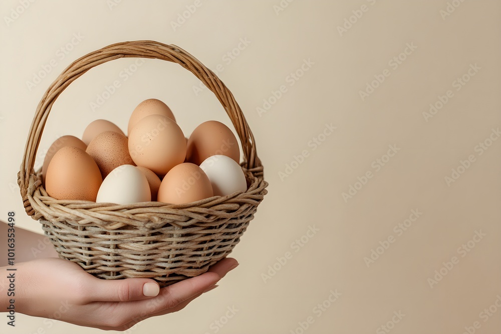 Hands gently cradling a woven basket filled with freshly gathered eggs, showcasing the warmth of farm life and nature's bounty. Hands gently cradling a woven basket filled with freshly gathered eggs, showcasing the warmth of farm life and nature's bounty.