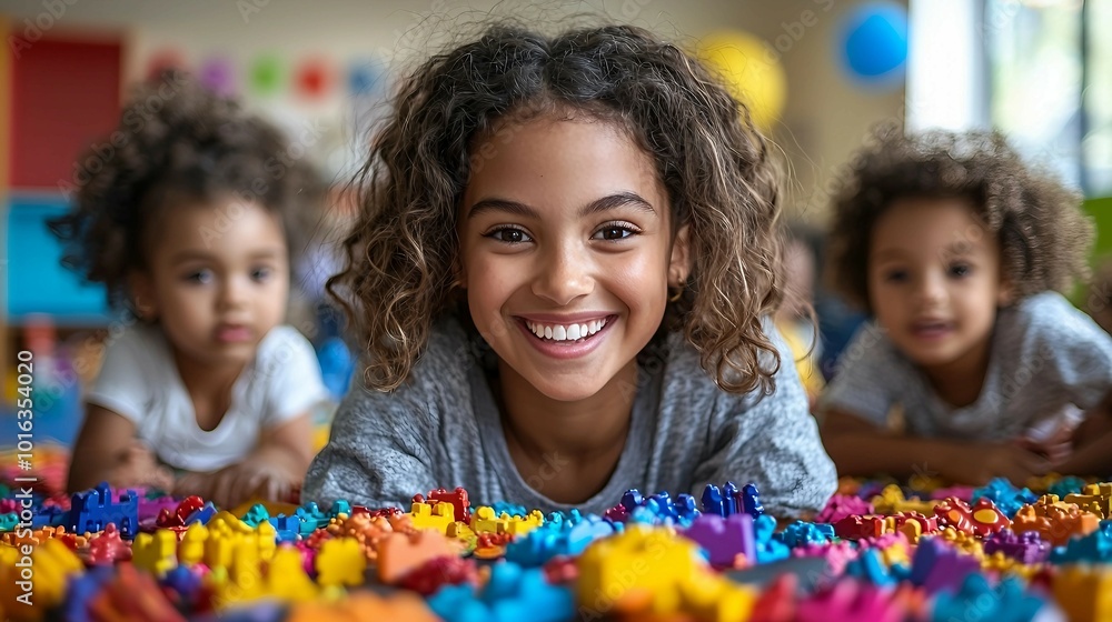Happy girl smiling with other children in a colorful playroom Happy girl smiling with other children in a colorful playroom