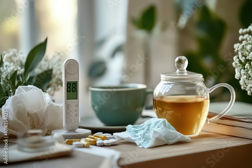  Flat lay featuring digital thermometer, flu medicine, herbal tea, and tissues neatly arranged, promoting health care.