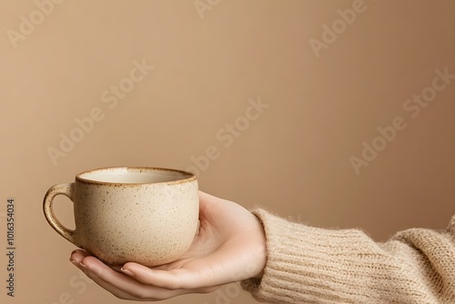 Hands gently cradle a ceramic coffee mug, warm steam rising, inviting comfort and warmth.