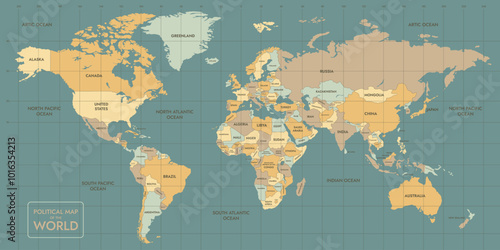 Vintage-Style Political World Map with Country Names