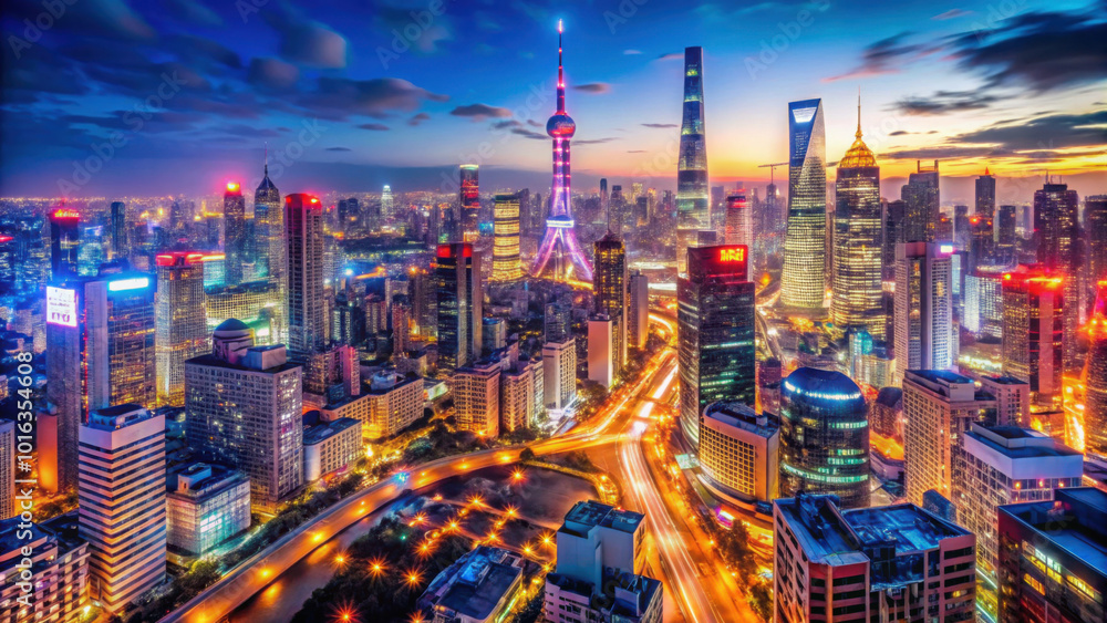 Fototapeta premium Vibrant city skyline at night with illuminated skyscrapers, modern architecture, and bustling streets, showcasing urban life and a futuristic atmosphere