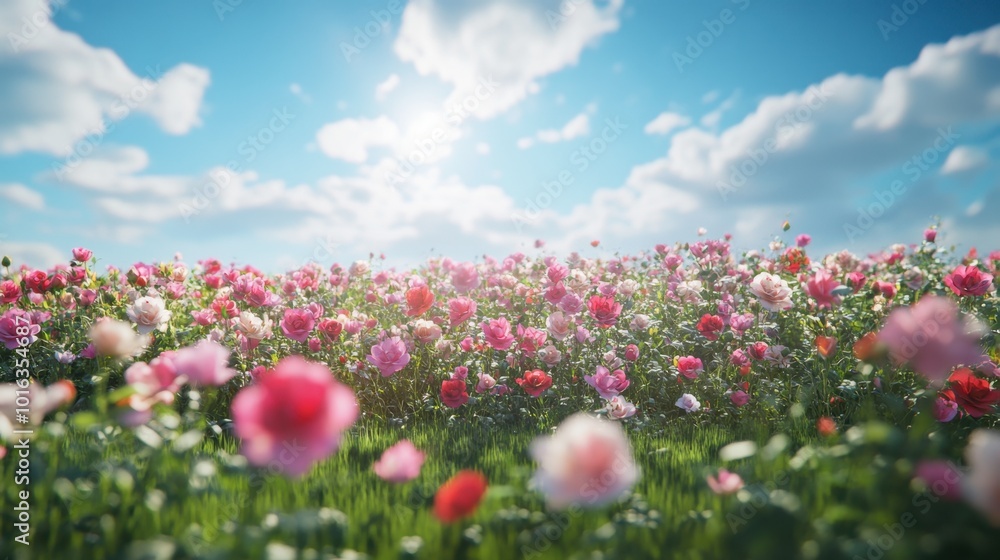 A serene landscape featuring a field of multicolored roses swaying in the breeze, capturing the beauty of nature in full bloom.