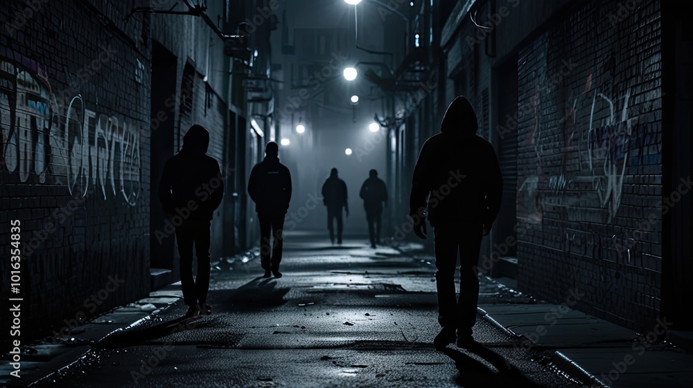Group of five criminals of a gang are walking down a dark city alleyway at night, shrouded in shadow and illuminated by street lights