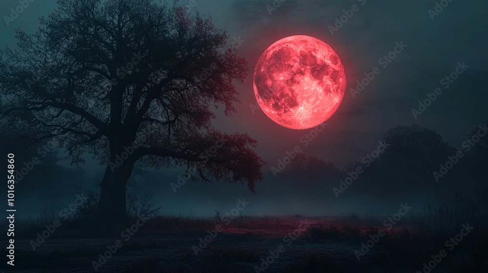 custom made wallpaper toronto digitalA Silhouetted Tree Stands Beneath a Large, Blood Red Moon in a Foggy Landscape