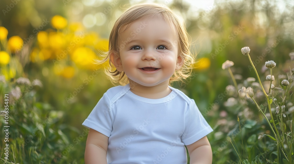 A happy baby sitting in a field of flowers, smiling joyfully under natural sunlight A happy baby sitting in a field of flowers, smiling joyfully under natural sunlight