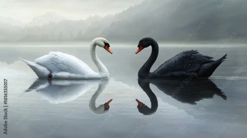 Fototapeta premium A serene white swan and a majestic black swan gliding gracefully together across a calm, reflective lake.