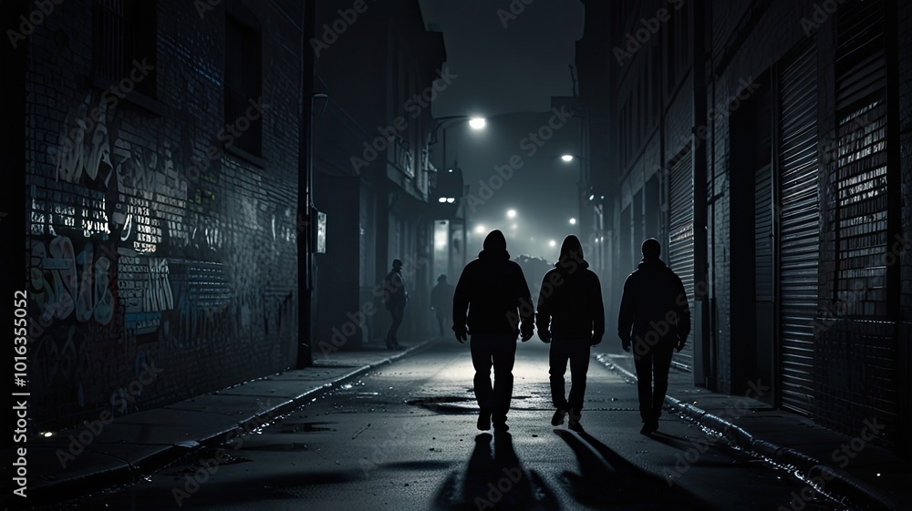 Shady figures walk in a dark city alley at night, rain glistening on the road. Men's silhouettes against brick walls create a spooky scene of urban danger and suspense