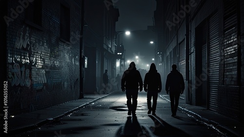Obraz na płótnie Shady figures walk in a dark city alley at night, rain glistening on the road. Men's silhouettes against brick walls create a spooky scene of urban danger and suspense w salonie