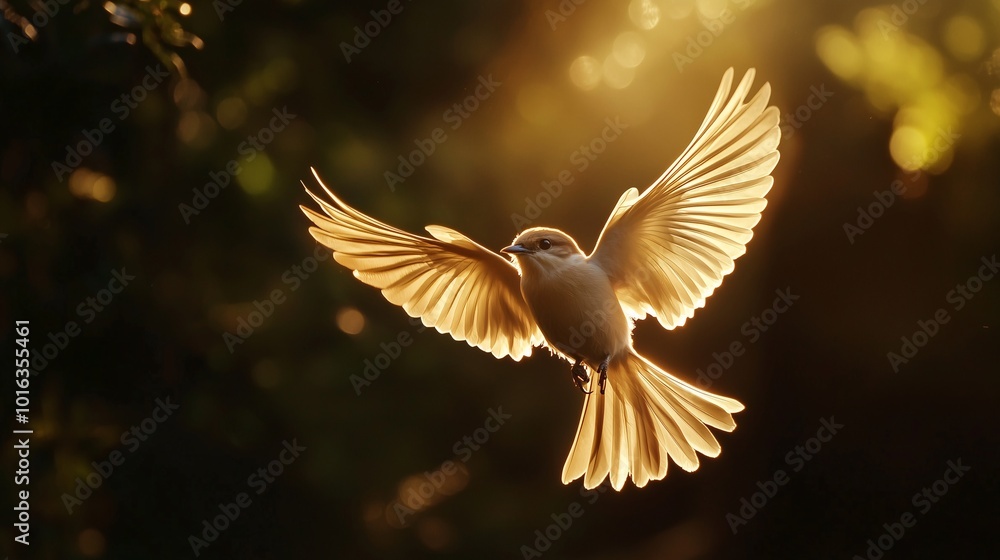 A small bird in mid-flight, glowing in warm golden sunlight, captured in a forest setting A small bird in mid-flight, glowing in warm golden sunlight, captured in a forest setting