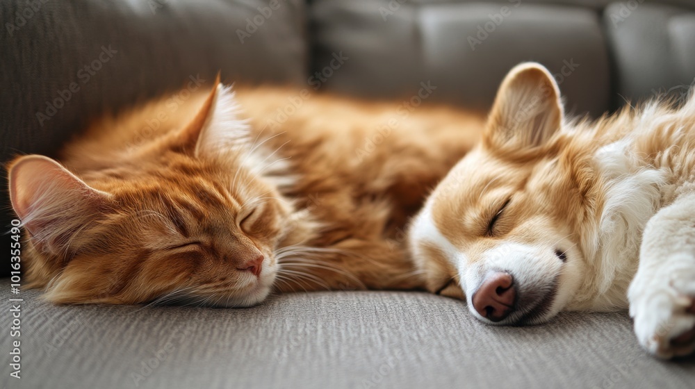 Obraz premium A sleepy cat nestled beside a snoring dog on a couch, embodying a peaceful home environment filled with love.