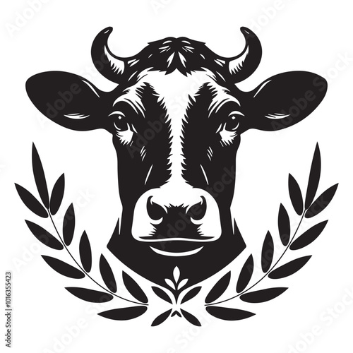 Black and white silhouette of a cow with horns