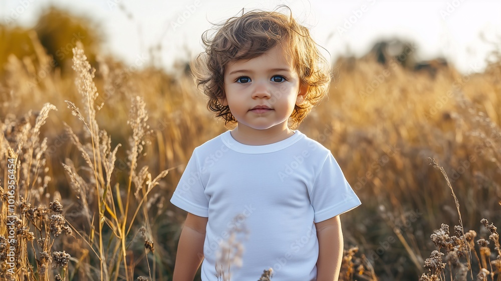 A young child standing in a dry, golden field, gazing calmly at the camera in a natural outdoor setting A young child standing in a dry, golden field, gazing calmly at the camera in a natural outdoor setting