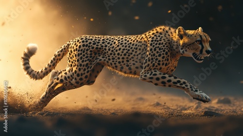 A stunning profile view of a cheetah running at full speed, with its distinctive spots and powerful legs highlighted in the sun.
