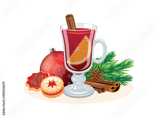 Hot mulled wine with spices and christmas cookies vector illustration. Mulled wine drink and christmas shortbread biscuits icon on a white background. Hot drink and cookies Christmas still life