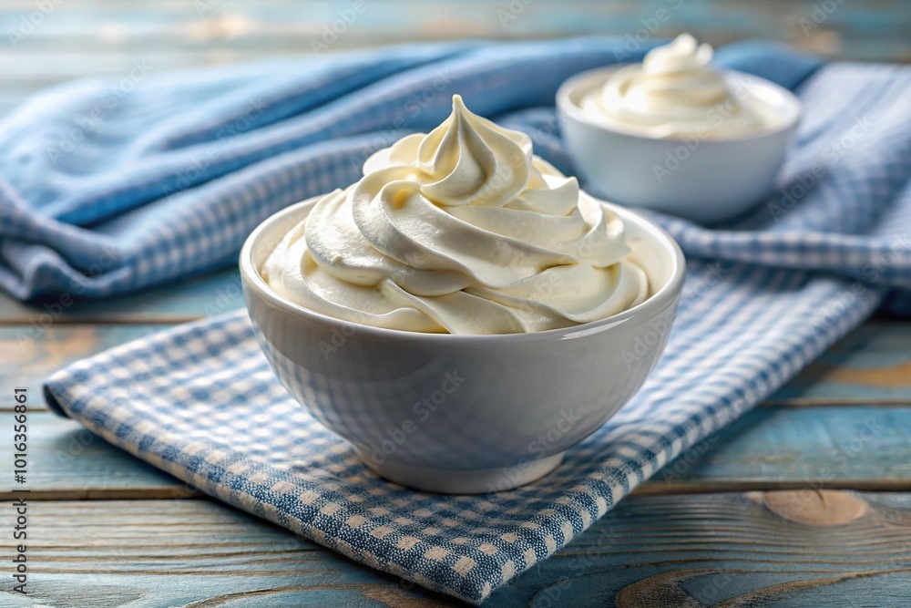 Homemade vanilla whipped cream in a bowl with blue towel Homemade vanilla whipped cream in a bowl with blue towel