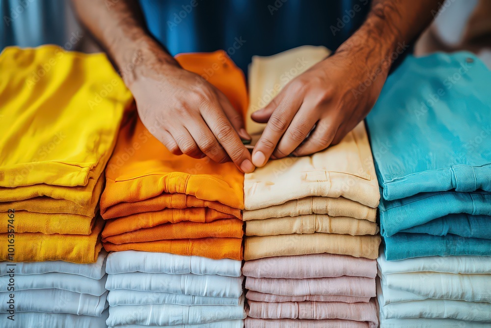 Close-up of hands sorting clothes into two piles: vibrant colors on one side, whites on the other for laundry preparation. Close-up of hands sorting clothes into two piles: vibrant colors on one side, whites on the other for laundry preparation.