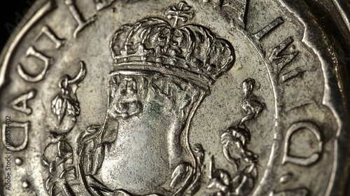 Close-up of an Ancient Coin with Royal Emblem photo