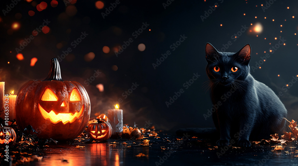 A smiling jack-o'-lantern and a poised black cat are placed on an elegant black background, surrounded by subtle Halloween accents. A smiling jack-o'-lantern and a poised black cat are placed on an elegant black background, surrounded by subtle Halloween accents.