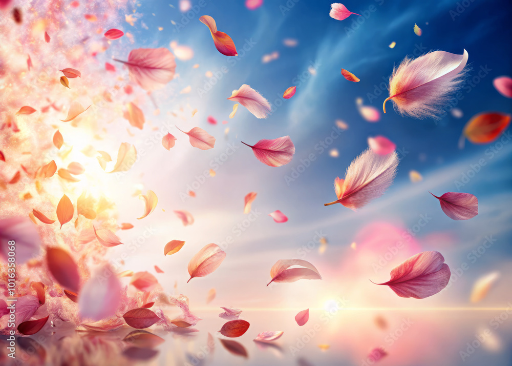 Falling pink flower petals create serene and dreamy atmosphere against bright sky, evoking feelings of tranquility and beauty Falling pink flower petals create serene and dreamy atmosphere against bright sky, evoking feelings of tranquility and beauty