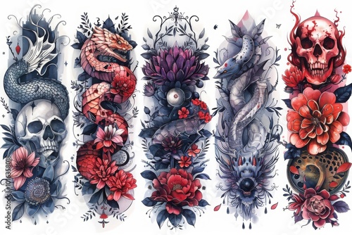 A set of beautifully detailed tattoo designs featuring skulls, snakes, and roses, blending gothic elements with fantasy art in striking black and red ink.

