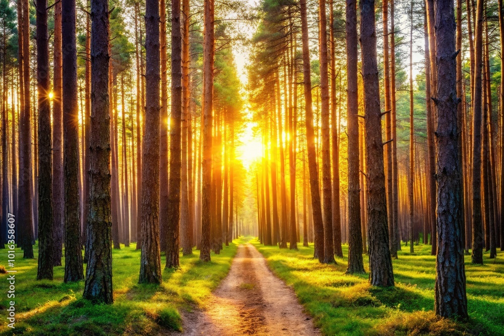 Obraz premium Serene Forest Pathway Through Illuminated Pine Trees with Bokeh Effect