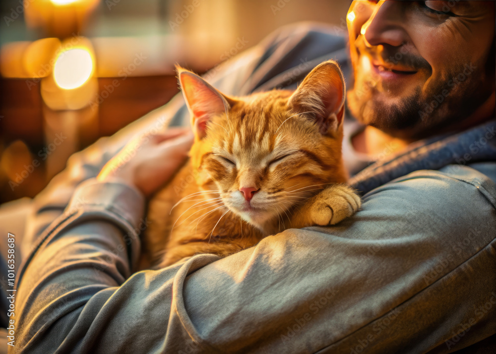 person is gently holding sleeping orange cat in their lap, creating warm and cozy atmosphere. scene radiates comfort and affection, showcasing bond between them person is gently holding sleeping orange cat in their lap, creating warm and cozy atmosphere. scene radiates comfort and affection, showcasing bond between them