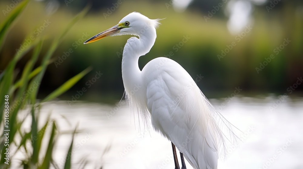 Elegant Great Egret Standing in a Pond