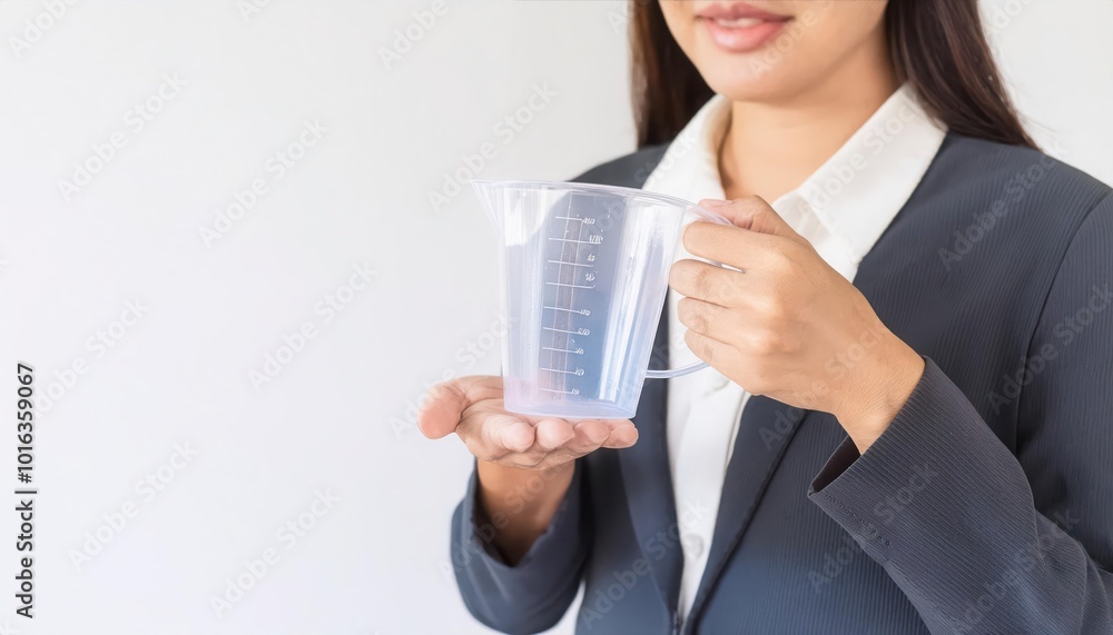 Professional woman measuring liquid with clear measuring cup. Professional woman measuring liquid with clear measuring cup.