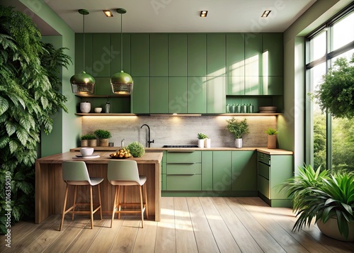 Serene Minimalist Green Kitchen with Lush Greenery - Inviting Culinary Space