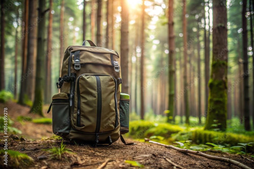 sturdy backpack stands in serene forest, surrounded by tall trees and lush greenery, evoking sense of adventure and exploration sturdy backpack stands in serene forest, surrounded by tall trees and lush greenery, evoking sense of adventure and exploration