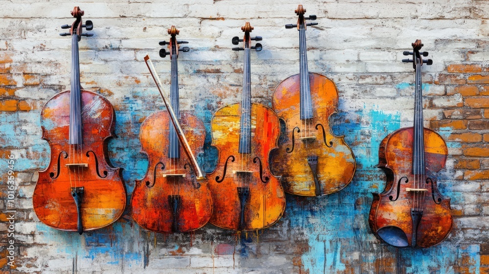 Fototapeta premium Painted Violins on a Brick Wall