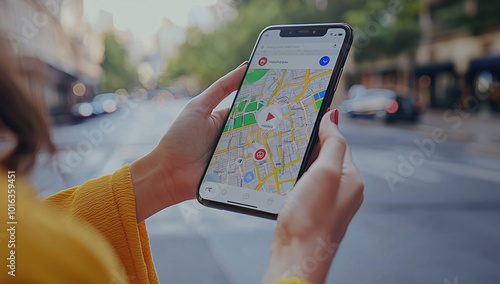 Obraz na płótnie Hands holding a phone showing maps and a localization icon in a street setting, representing local SEO optimization for businesses. Ideal for illustrating digital marketing strategies. w salonie