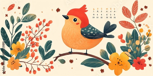 Wallpaper Mural Cute cartoon bird perched on a branch surrounded by colorful flowers and leaves, with a calendar in the background. Torontodigital.ca