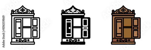 Antique Cabinet Icon, A vintage storage unit, typically handcrafted, featuring intricate designs, used for storing items or displaying collectibles.