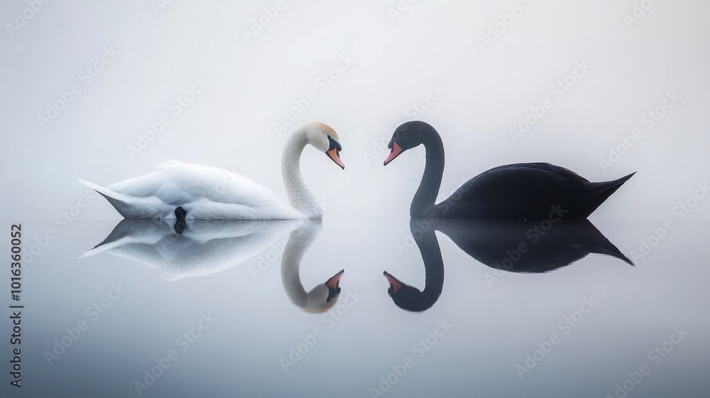 A white swan and black swan sharing a quiet moment, their elegant figures reflected in the water. A white swan and black swan sharing a quiet moment, their elegant figures reflected in the water.
