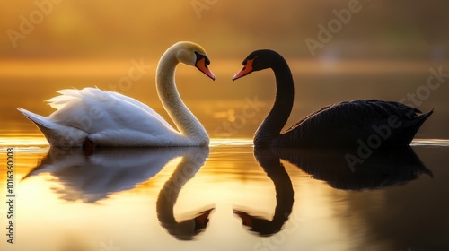 Fototapeta Naklejka Na Ścianę i Meble -  A white swan and black swan in the golden glow of sunrise, their reflections shimmering in the water.