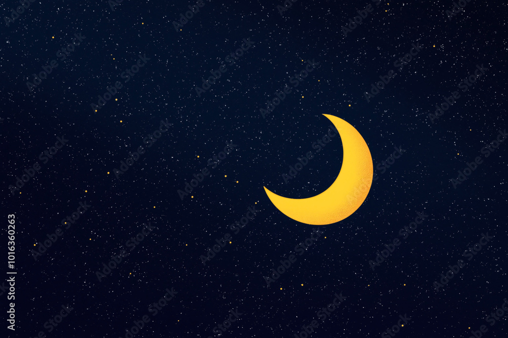 Fototapeta premium A crescent moon glows in the night sky filled with numerous small stars, creating a serene and tranquil celestial scene.