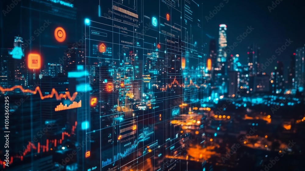 Futuristic cityscape with glowing digital data and graphs. Futuristic cityscape with glowing digital data and graphs.