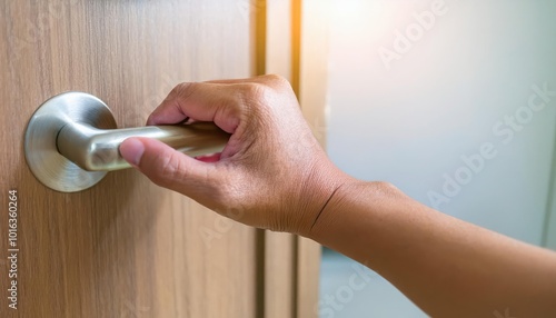 Person opening a door with a silver handle. photo