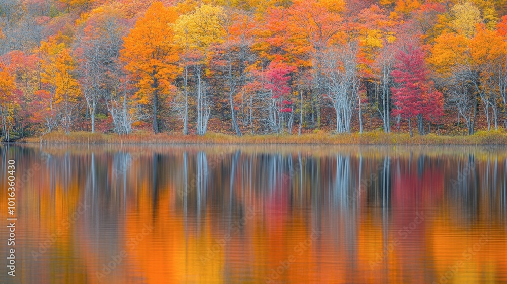 Obraz premium Beautiful autumn colors surrounding Swift Lake, with vibrant orange, red, and yellow leaves reflecting in the still water.