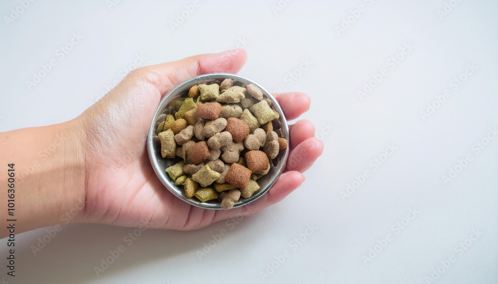 Pet food in a hand, raw ingredients, white isolate background Pet food in a hand, raw ingredients, white isolate background