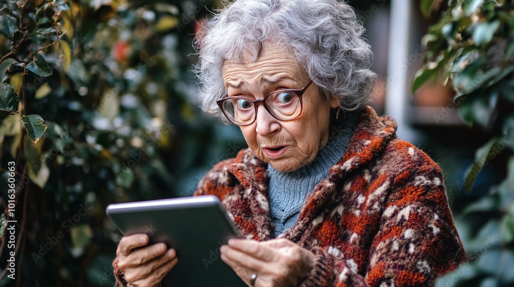 Surprised senior woman using digital tablet at home. Discount and scam concept. Surprised senior woman using digital tablet at home. Discount and scam concept.