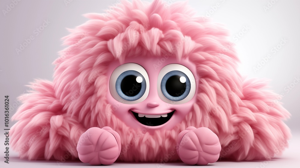 Obraz premium Pink fluffy cartoon character monster isolated on white background. Monster with horns, funny mascot.