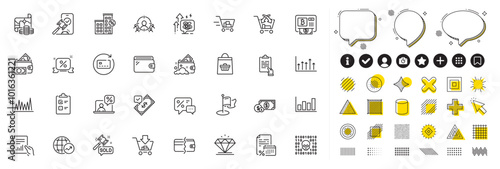 Set of Document, World statistics and Cross sell line icons for web app. Design elements, Social media icons. Milestone, Renew card, Loan house icons. Vector