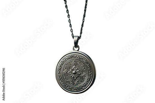 Silver necklace with a circular pendant, isolated on a black background. PNG transparent.