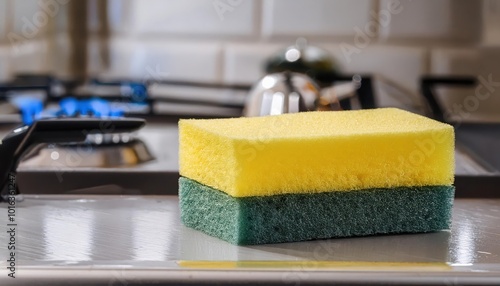 Kitchen sponge on countertop, clean and ready for use. photo